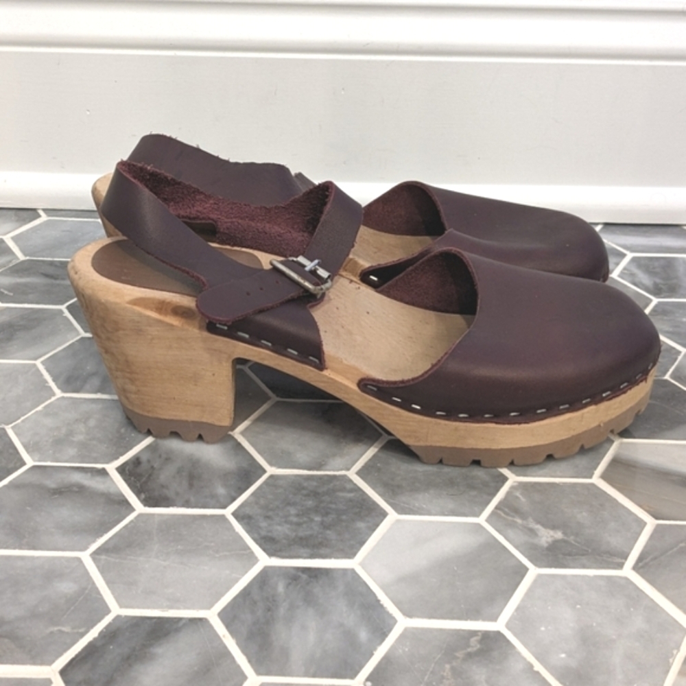 MIA Sweden Swedish Burgundy Leather Wooden Mary Jane Clogs Women's 40